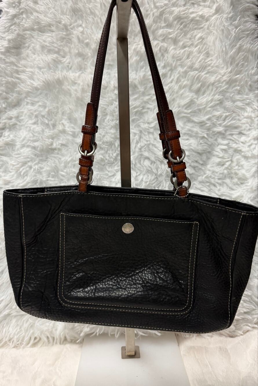 Coach F10083 Y2K Black Pebbled Leather Tote Brown Straps Shoulder Bag 2007